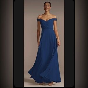 DAVID’S Bridal SZ 12 Off The Shoulder Daydream Long Gown in Marine Blue